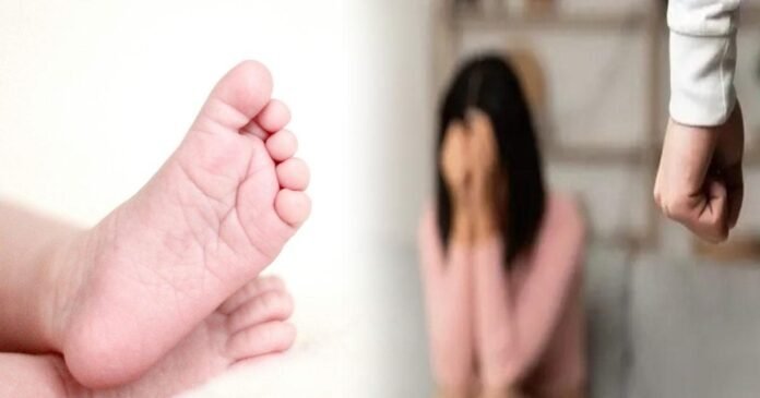 A distressed young woman sitting in a hospital bed with her newborn baby, symbolizing domestic violence and gender discrimination in Kerala.