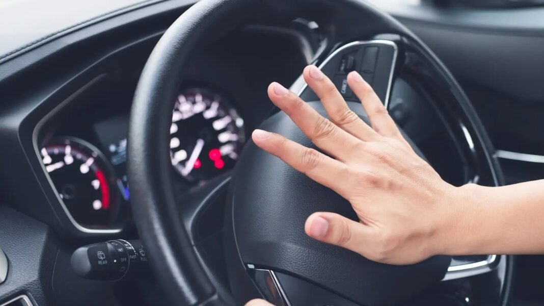 Motor Vehicle Department officials inspecting and destroying illegal air horns laid out on the road using a road roller.
