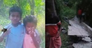 Collapsed wall of an abandoned house in Attappadi where two children died after the wall fell on them