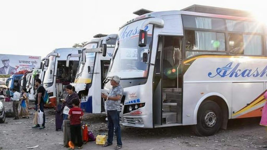 Image of Kerala inter-state luxury tourist buses parked during strike over illegal tax issue