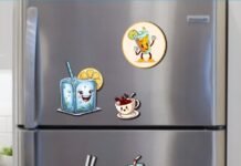 Fridge decorated with colorful magnets and family photos