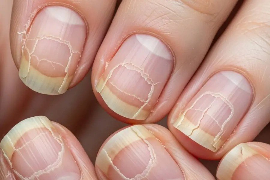 Image of brittle, peeling fingernails affected by Onychoschizia, next to Biotin and Vitamin B12 supplements.