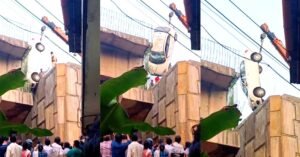 ഡ്രൈവർ മദ്യലഹരിയിൽ; കണ്ണൂർ ചാല ബൈപ്പാസിൽ നിർമാണത്തിലിരിക്കുന്ന റോഡിന്റെ വിടവിലേക്ക് വീണു കാർ