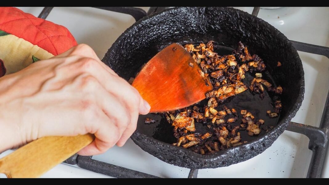 A collection of kitchen ingredients like potatoes, onions, and bread used to fix burnt food flavors.