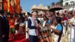 Prime Minister Narendra Modi playing drums with cultural performers during the Swabhiman Parv event at Somnath Temple, Gujarat.