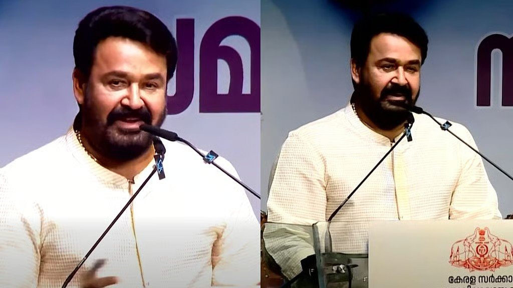 Actor Mohanlal in Khadi shirt waving to the crowd and speaking at the Kerala State School Youth Festival 2026 valedictory function in Thrissur.