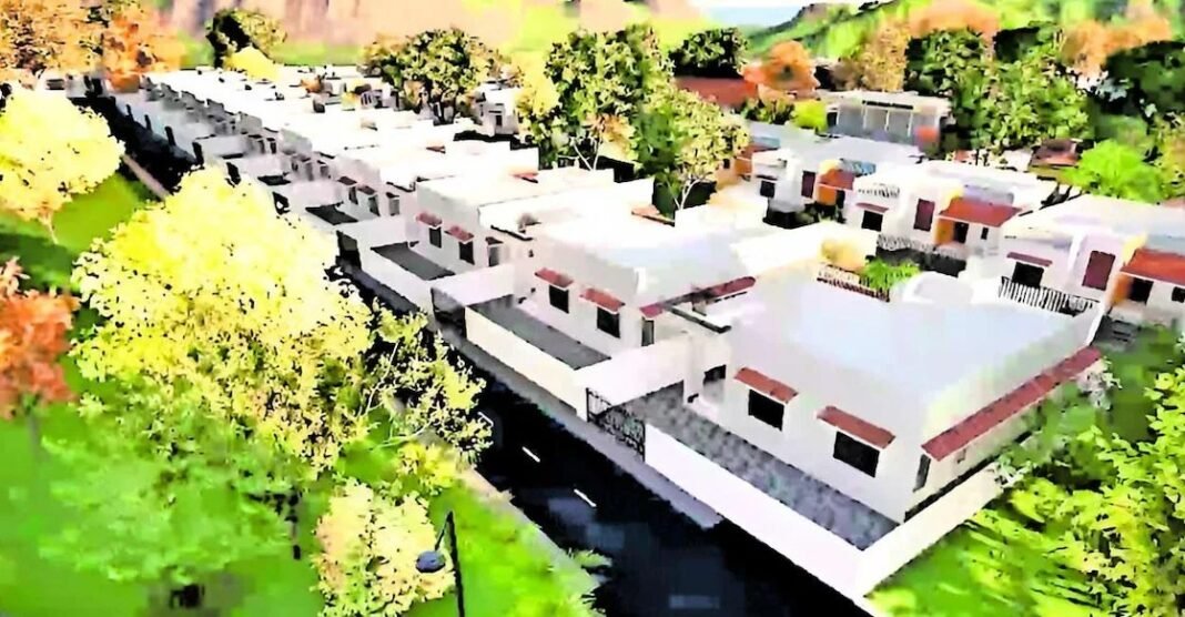 High-quality construction progress of Wayanad disaster rehabilitation township with modern houses and infrastructure.