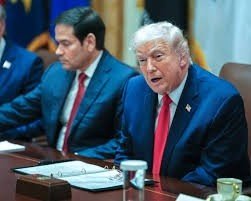 US President Donald Trump announcing the Ukraine-Russia ceasefire update in a cabinet meeting.