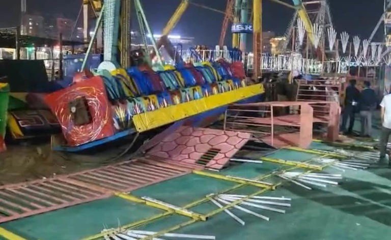 Rescue operations at Surajkund Mela after a giant swing machine collapsed.