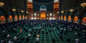 A crowded mosque in Kerala during the first night of Ramadan Taraweeh prayers, beautifully lit.