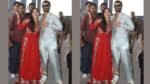 : Vijay Deverakonda and Rashmika Mandanna at Udaipur airport post-wedding; Rashmika in red Anarkali and Vijay in silver kurta.