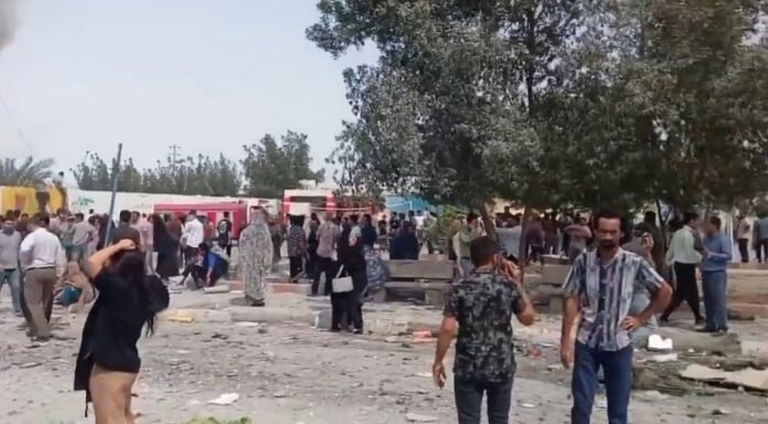 Rubble of a destroyed school in Iran; smoke rising over Tehran near Ayatollah Khamenei's office.