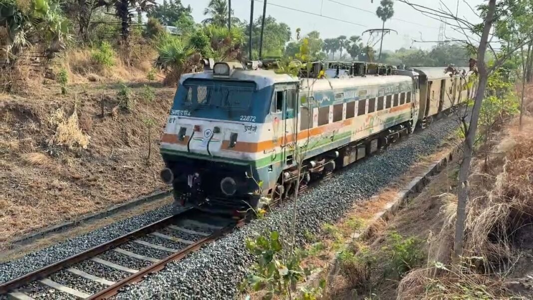 A high-quality representation of a modern train passing through the lush green landscapes of Kerala's high ranges.