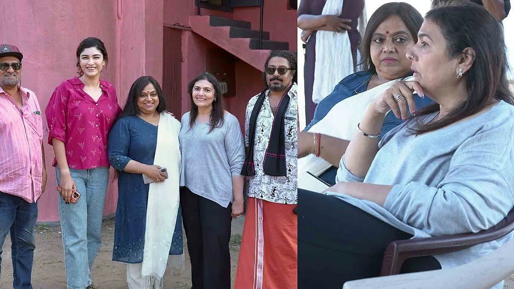 Suchitra Mohanlal, actress Saritha, and Avantika Sundar smiling together during a surprise visit at the movie location of Aarambham in Thrissur.