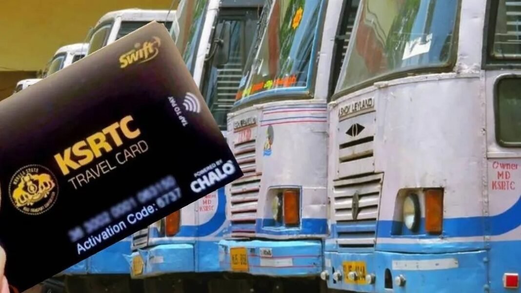 KSRTC Smart Card being swiped on an electronic ticket machine; Kerala KSRTC bus passengers paying digitally.