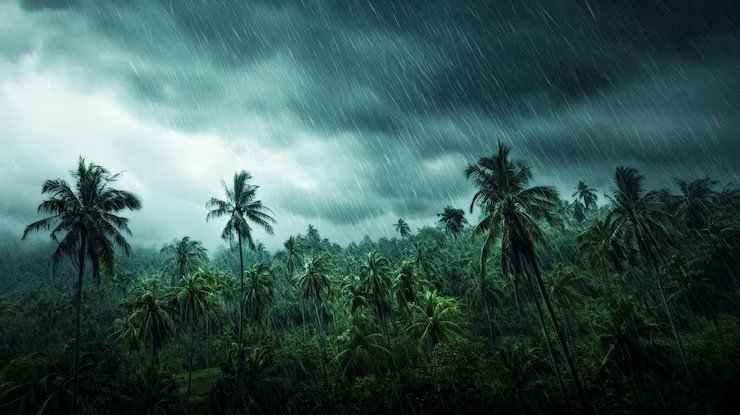 Dramatic rainfall in a Kerala high-range area with swaying coconut trees.