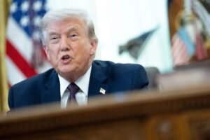 US President Donald Trump addressing a press conference at the White House regarding the Iran military conflict.