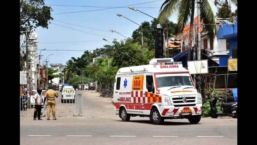 Emergency ambulance services near a Kerala election polling station in Thrissur.