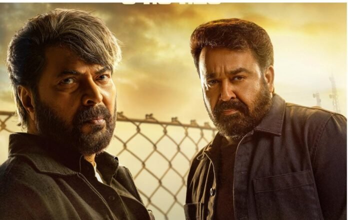 Dramatic scenes from the Patriot movie trailer featuring Mammootty, Mohanlal, and Nayanthara.