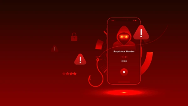 Digital illustration of a cyber fraud warning with a mobile phone and money theft icon.