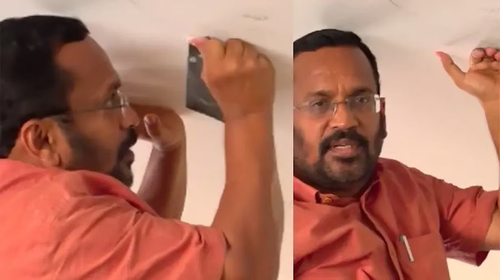 Minister K Rajan inspecting the walls and roof of the newly built houses in Wayanad township.