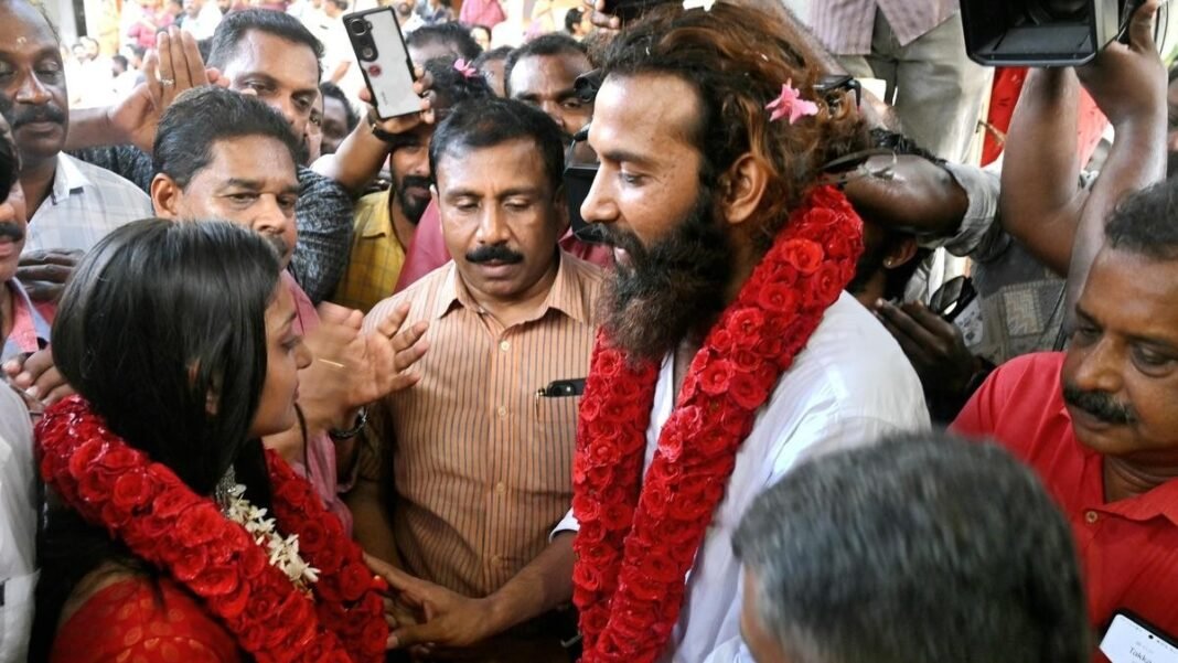 Photo of Kumbh Mela viral star wedding in Kerala temple with CPM leaders present. Tags: Kumbh Mela Girl Marriage, Farman Khan Case, POCSO Kerala, MV Govindan, Viral Star Wedding
